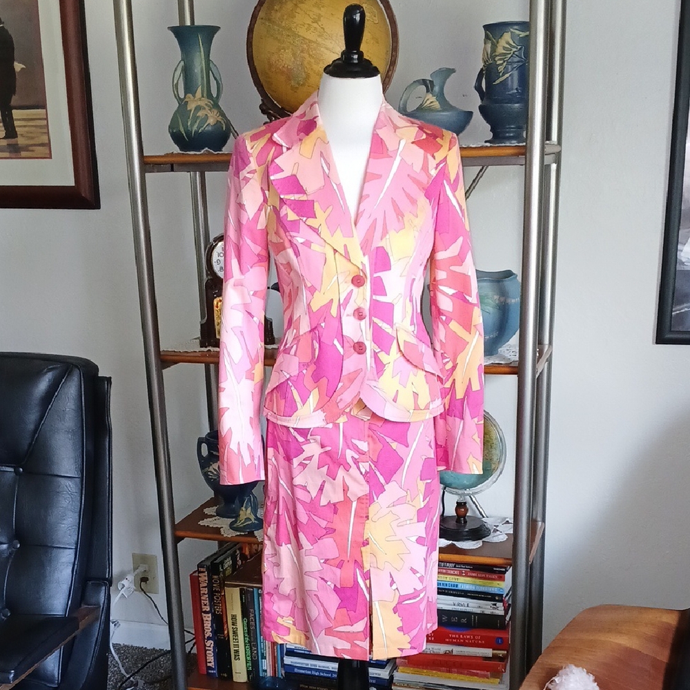 Emilio Pucci VINTAGE y2k Orange pink Palm leave pattern jacket skirt set